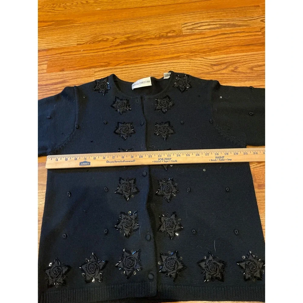 Marisa Christina Women Cardigan Large Black Beaded Floral Wool Blend Sweater‎